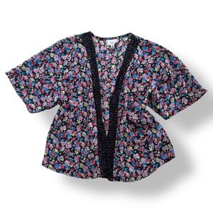 D-Signed Disney Girl's XS 6 Black Pink Floral Boho Crochet Trim Kimono Cardigan
